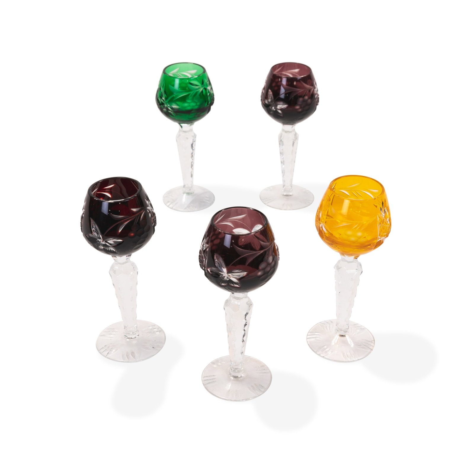 Cut Glass Cordial Glasses - 3: Description - Set of 3 color to clear cut glass cordial glasses. Dimensions - 5.25" x 2"