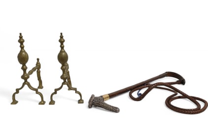 Figural Jockey Whip & Pair of Andirons