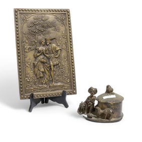 Bronze Plaque & Iron Figure Group