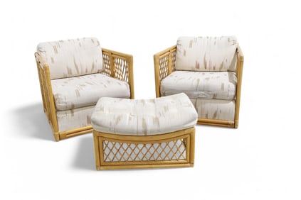 Mid Century Rattan Cube Chairs & Ottoman
