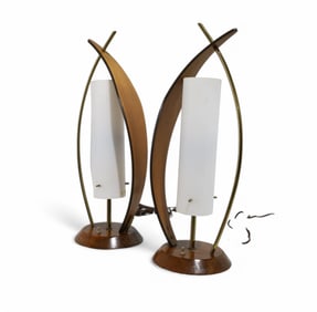 Sculpted Walnut & Brass Table Lamps - Pair