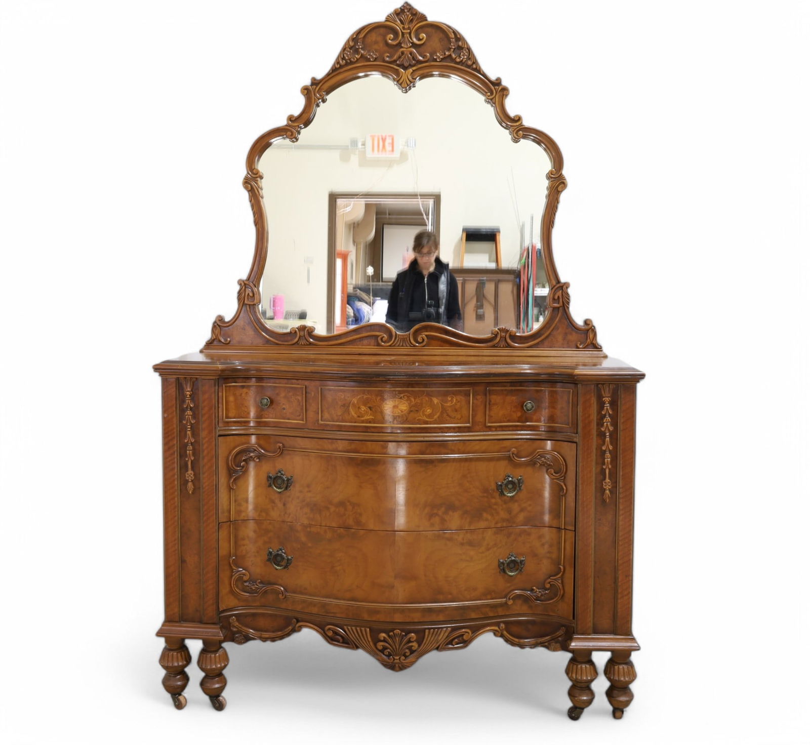 Inlaid  Walnut Carved Antique Dresser (1 of 9)