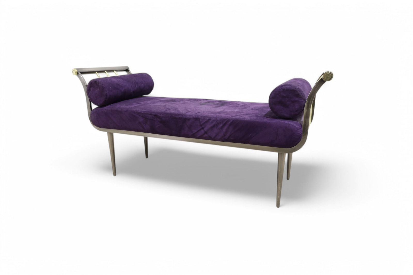 Design Institute of America Gunmetal Bench: A signed DIA gunmetal bench with brass accents and micro suede seat Dimensions:26x54x19 Seat Height:18