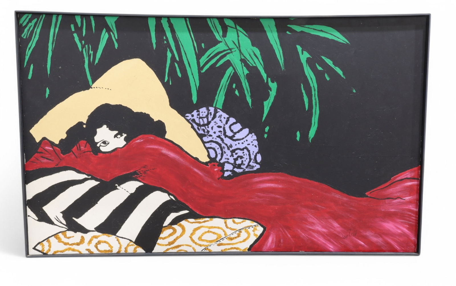 Signed Len Zieff (aft.) Rene Gruau: A 1960's signed framed Len Zieff after Rene Gruau oil on canvas Dimensions:37x60x2