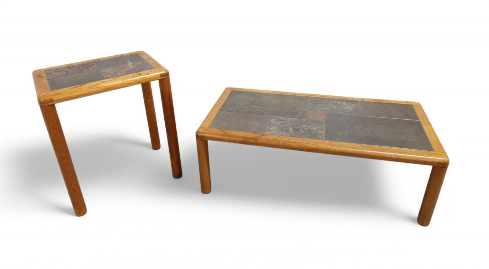 Haslev Danish Tile Top Tables - 2: Two Danish teak and slate tile topped tables Coffee Table Dimensions:16x48x24 Dimensions:28x24x17