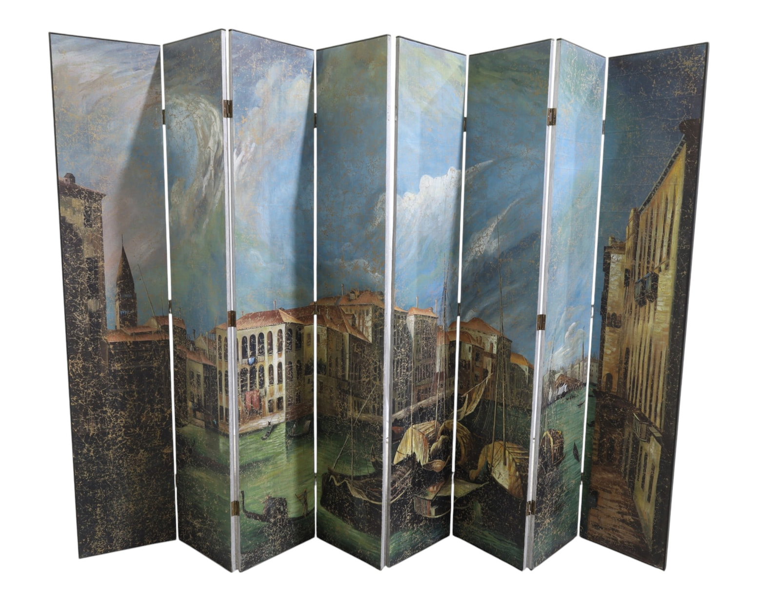 Italian 8 Panel Screen: An Italian scene 8 panel screen with fabric backing Dimensions:84x126x1