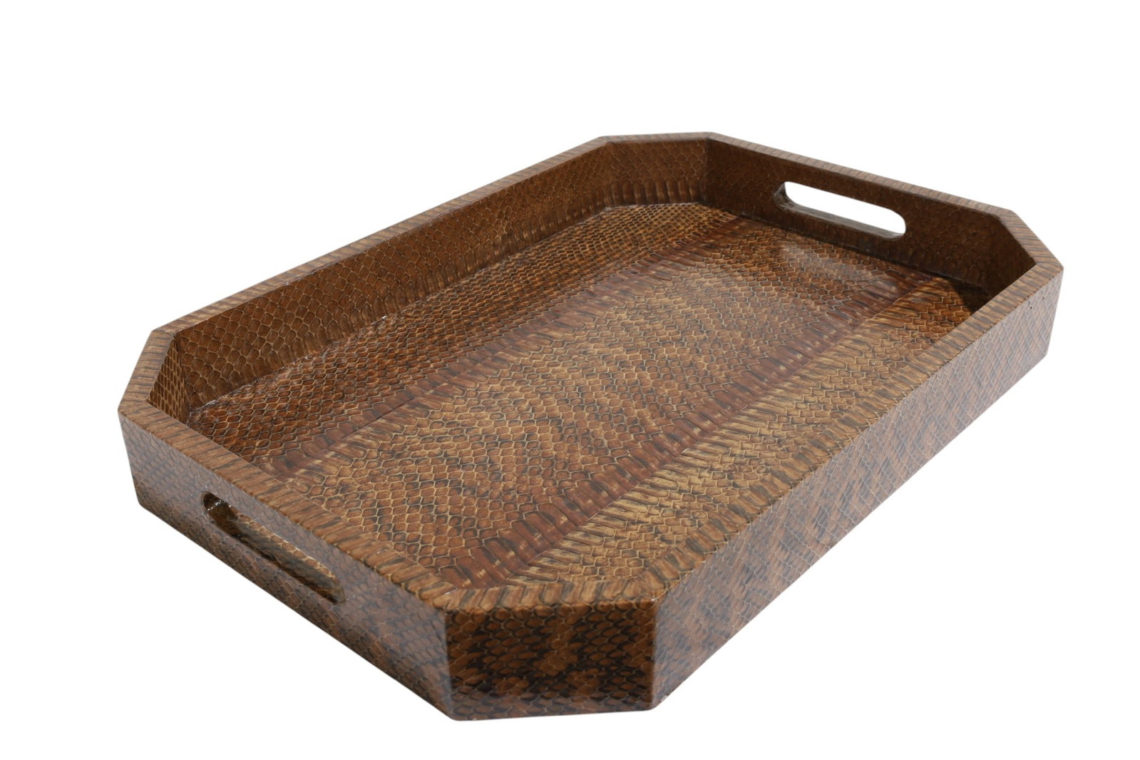 Large Brown Cobra Tray: A large brown cobra tray with fabric lined bottom Dimensions:2x16.5x12