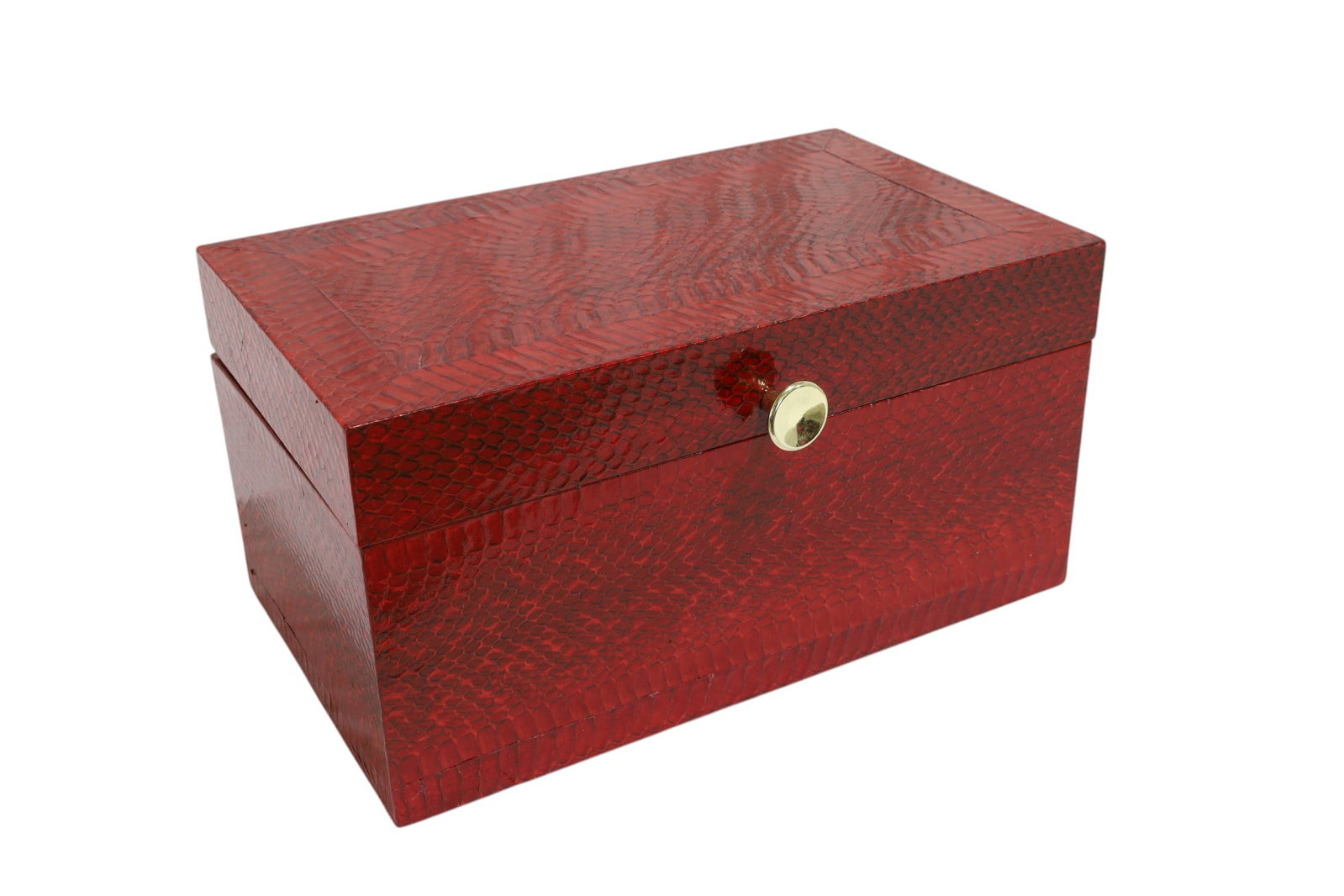 Red Snakeskin Box: A red fabric lined snakeskin box Dimensions:6.5x12x7