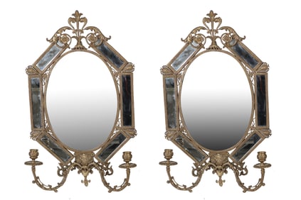 Brass Mirrors with Sconces - Pair