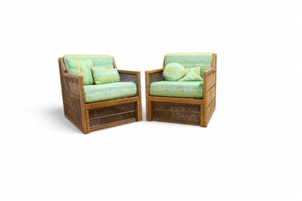 Mid Century Wicker Arm Chairs - Pair