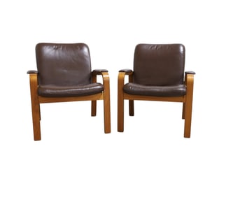 Ekornes Bentwood Leather Arm Chairs - Pair