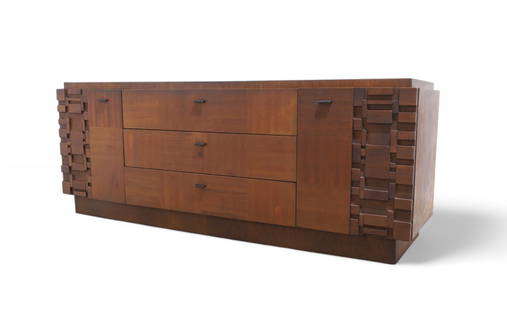 Walnut Brutalist Long Dresser: A walnut brutalist long dresser with 3 drawers & 2 side cabinets Dimensions:30.5x79x21