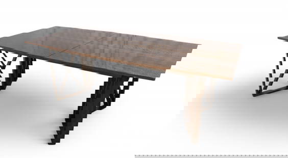 Paul Frankl Style Walnut Dining Table: A Paul Frankel style dining table with X base legs with 3 12" leaves Dimensions: