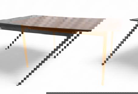 Stanley Walnut & Rosewood Dining Table: A Stanley walnut and rosewood dining table with built in 12" leaf Dimensions:29.5x60x40