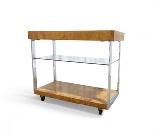 Milo Baughman Chrome & Burl Bar Cart