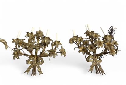 French Brass Floral Wall Sconces - Pair