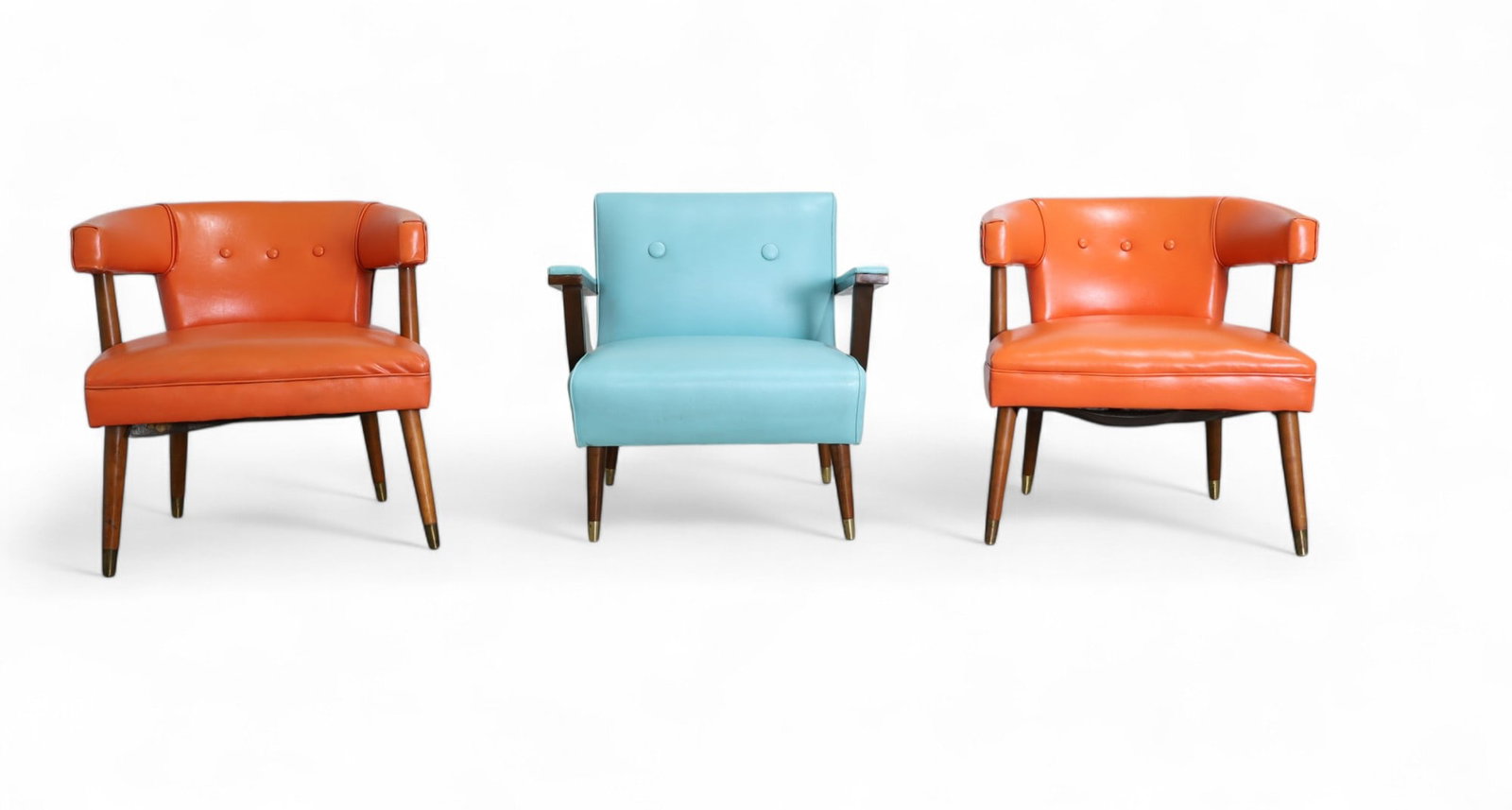 Mid Century Walnut Vinyl Lounge Chairs - 3: A set of 3 mid century walnut vinyl lounge chairs Orange Dimensions:28x26x25 Seat Height:17 Blue Dimensions: 28x28x27 Seat Height:17