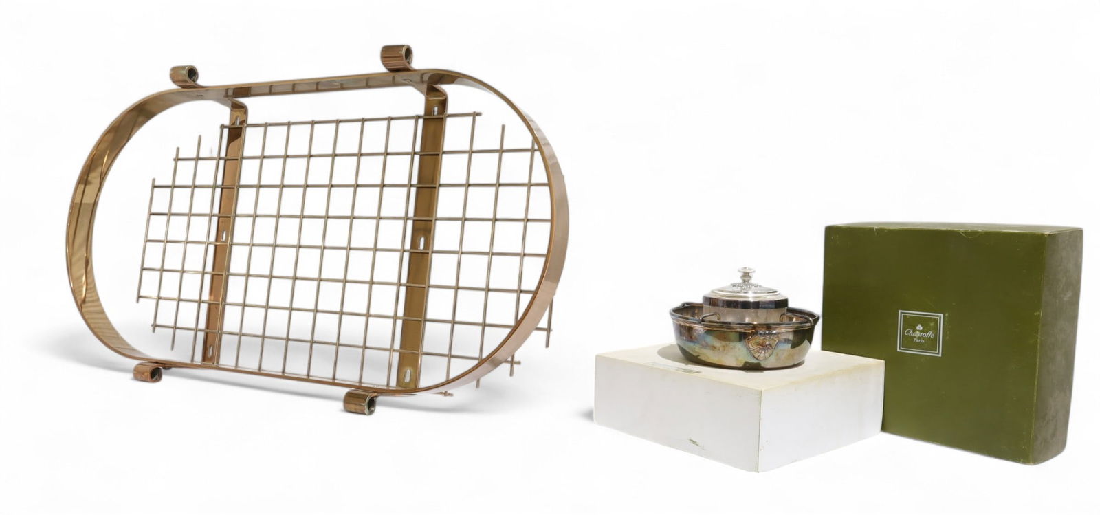 Cooper Pot Rack & Christofle Caviar Bowl: A cooper pot rack and a Christofle caviar bowl Pot Rack Dimensions:20x37x7 Dimensions:5x8