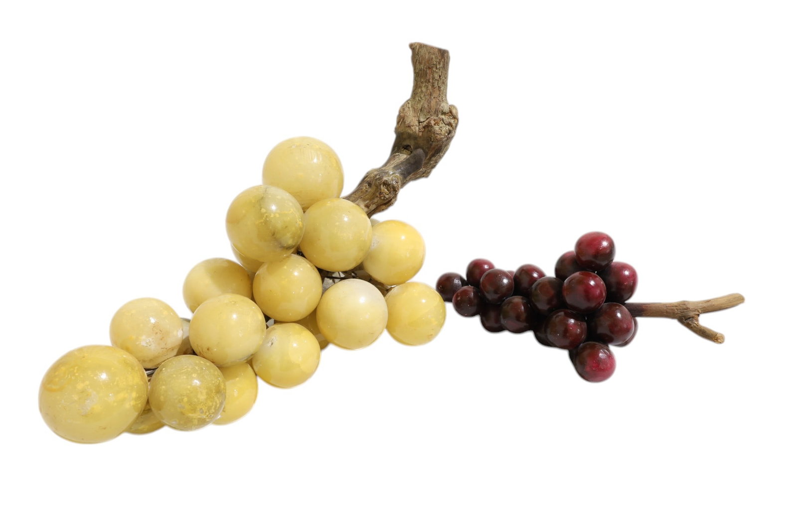 Marble Decorative Grapes - 2: Two marble decorative grapes, one purple and one cream colored both with wooden stems Larger Dimensions:7x14