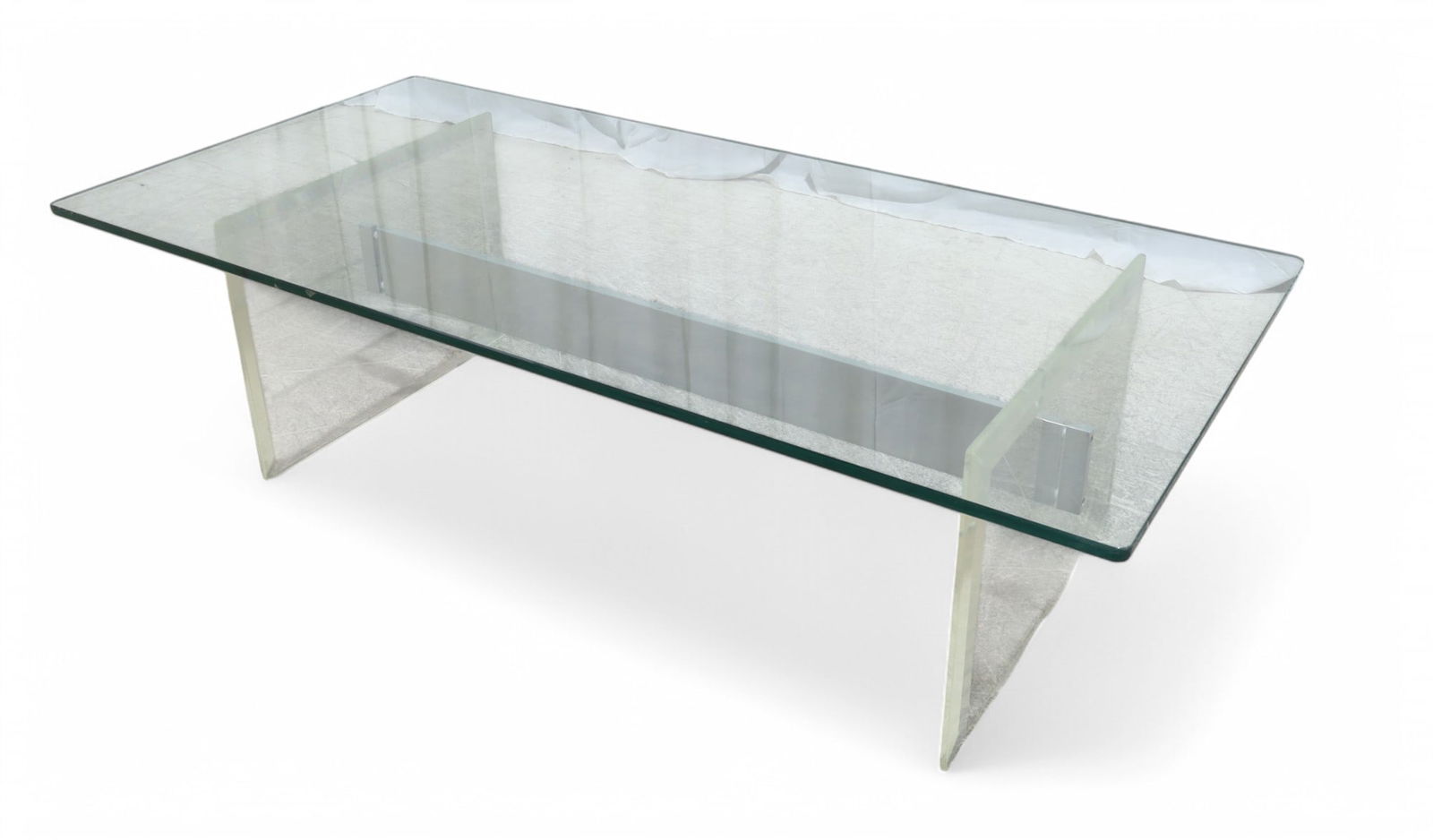 Lucite, Aluminum & Glass Coffee Table: A lucite coffee table with aluminum stretcher and glass top Dimensions:15x54x26