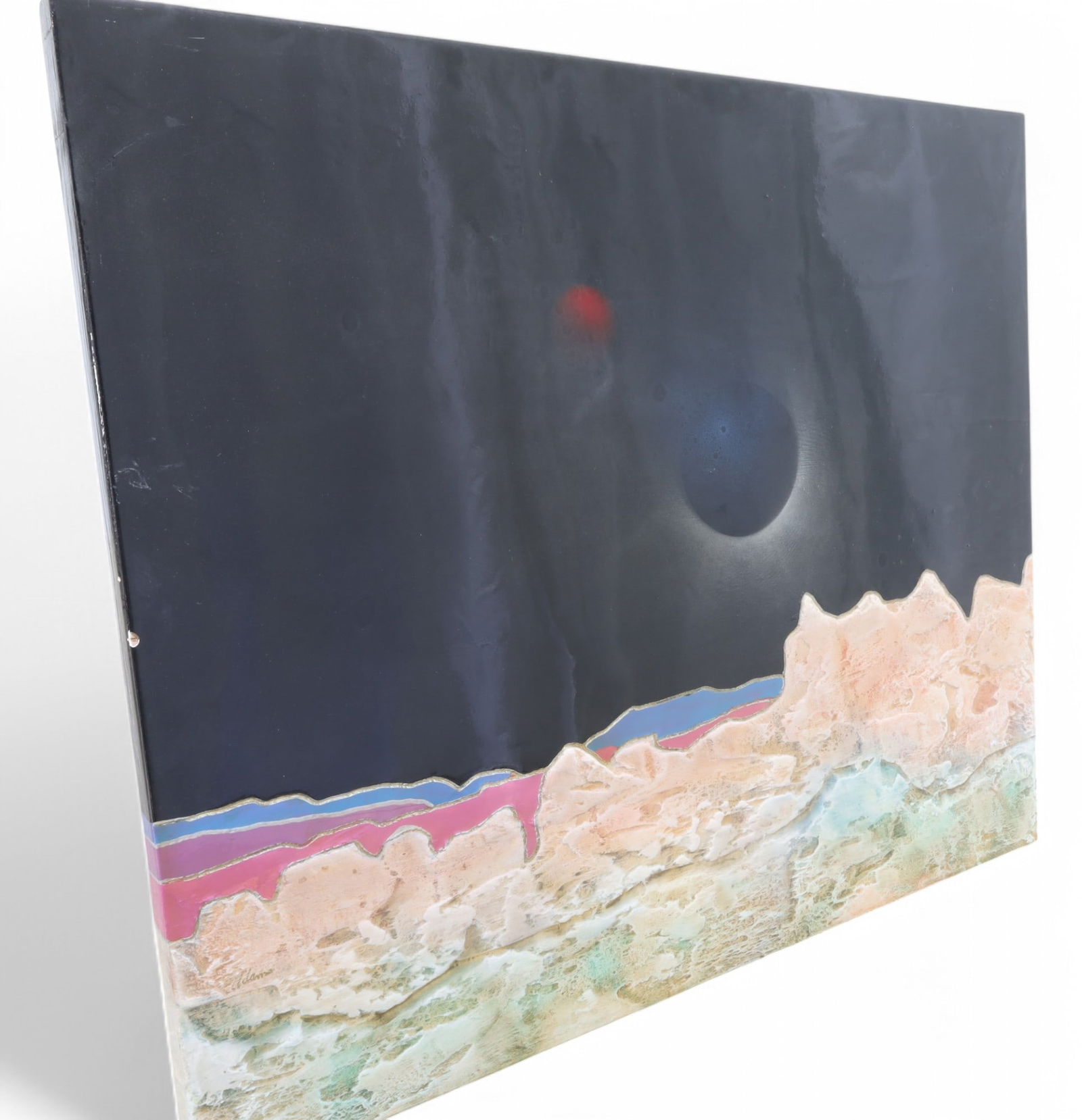 1980's Resin Wall Art: A 1980's raised resin wall art on masonite board, signed Adams Dimensions:36x42x2