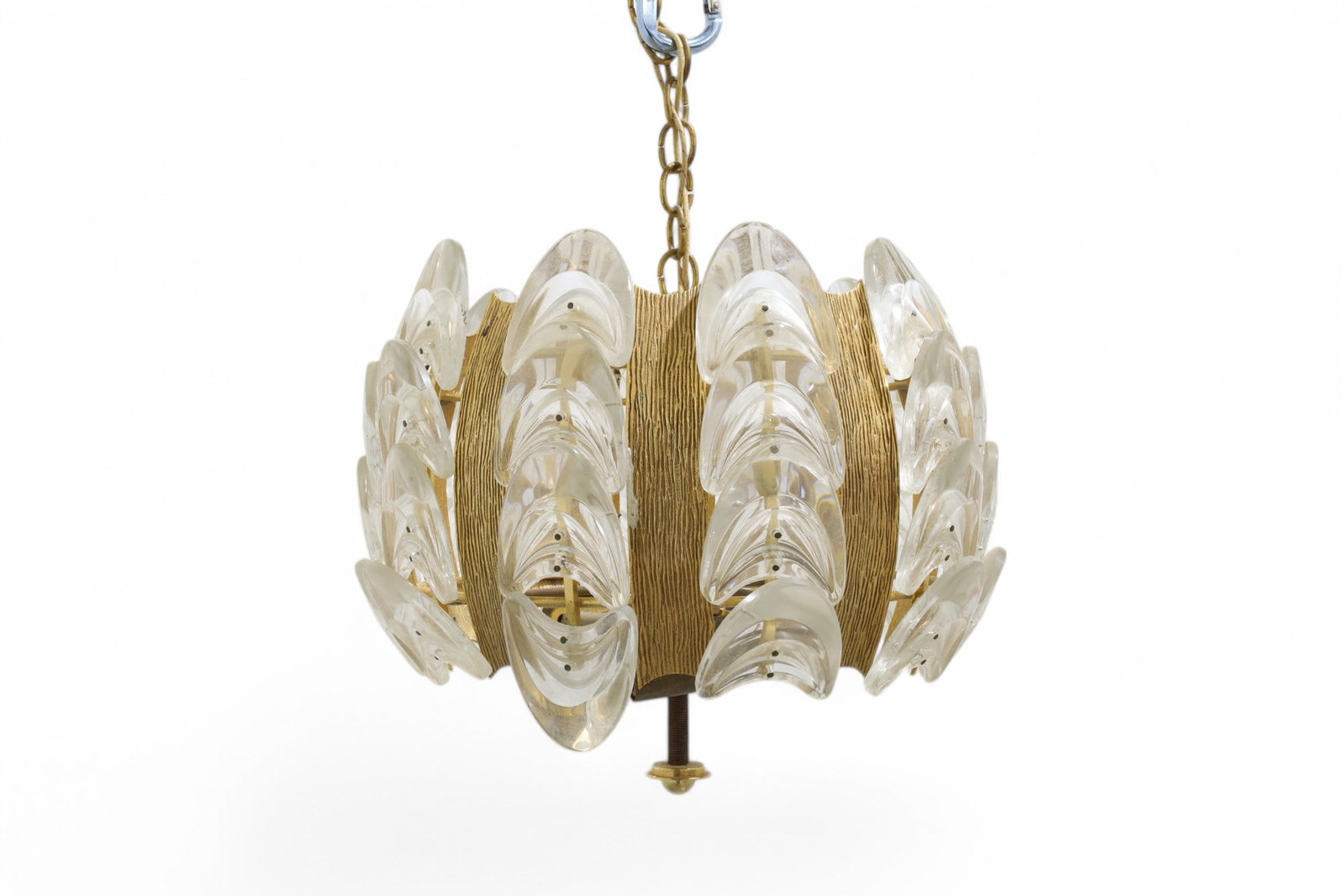 Mid Century Glass & Brass Light Fixture: A mid century modern brass and glass hanging light fixture Dimensions:10x11