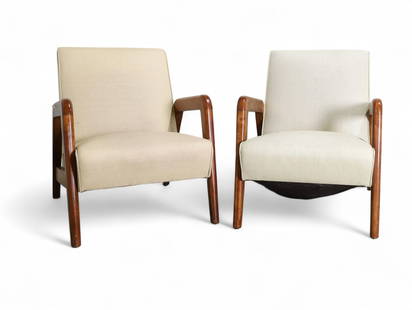 H. Lauzon Mid Century Lounge Chairs - Pair: A pair of H. Lauzon mid century modern lounge chairs with vinyl upholstery Dimensions:33x26x31 Seat Height:17