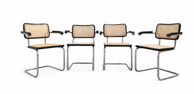 Marcel Breuer Cesca Captains Chairs - 4: A set of 4 1970's Marcel Breuer cesca arm chairs, signed Italy Dimensions:34x24x20 Seat Height:18