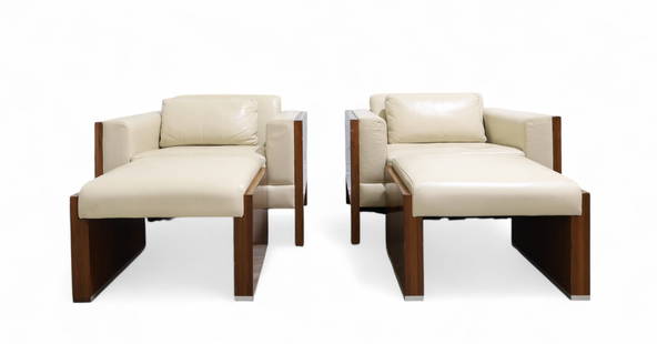 Milo Baughman Style Leather Cube Chairs - 2: A pair of Milo Baughman style leather cube chairs and ottomans Dimensions:23x39.5x34 Seat Height Ottoman Dimensions:16x25x24