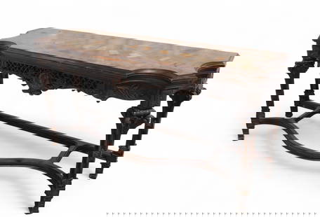 Inlaid Carved Walnut & Rosewood Console Table: An inlaid heavily carved walnut and rosewood flip top console table Closed Dimensions:33x65x20