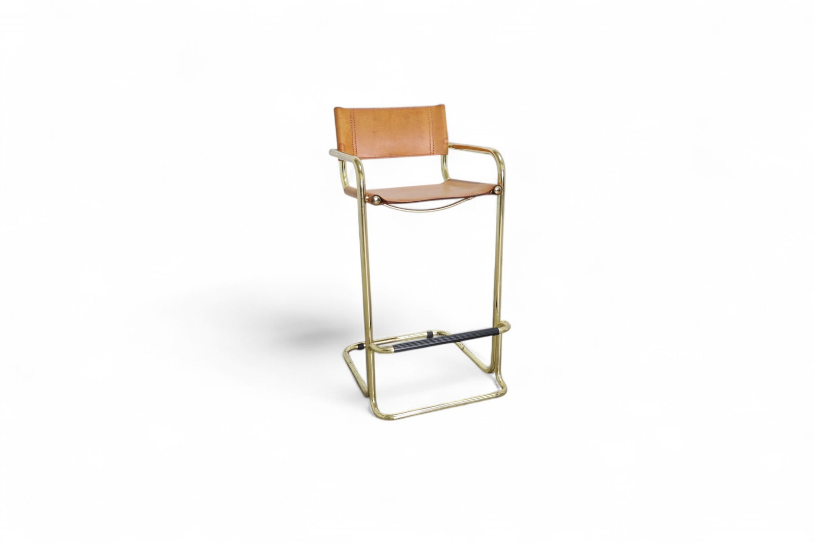 Leather & Brass Mont Stam Barstool: A brass and leather cantilever barstool Dimensions:37x19x22 Seat Height:26