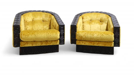 Witco Tiki Swivel Chairs -Pair: A pair of Witco Tiki swivel chairs with original plush crushed velour upholstery Dimensions:30x32x34 Seat Height:17