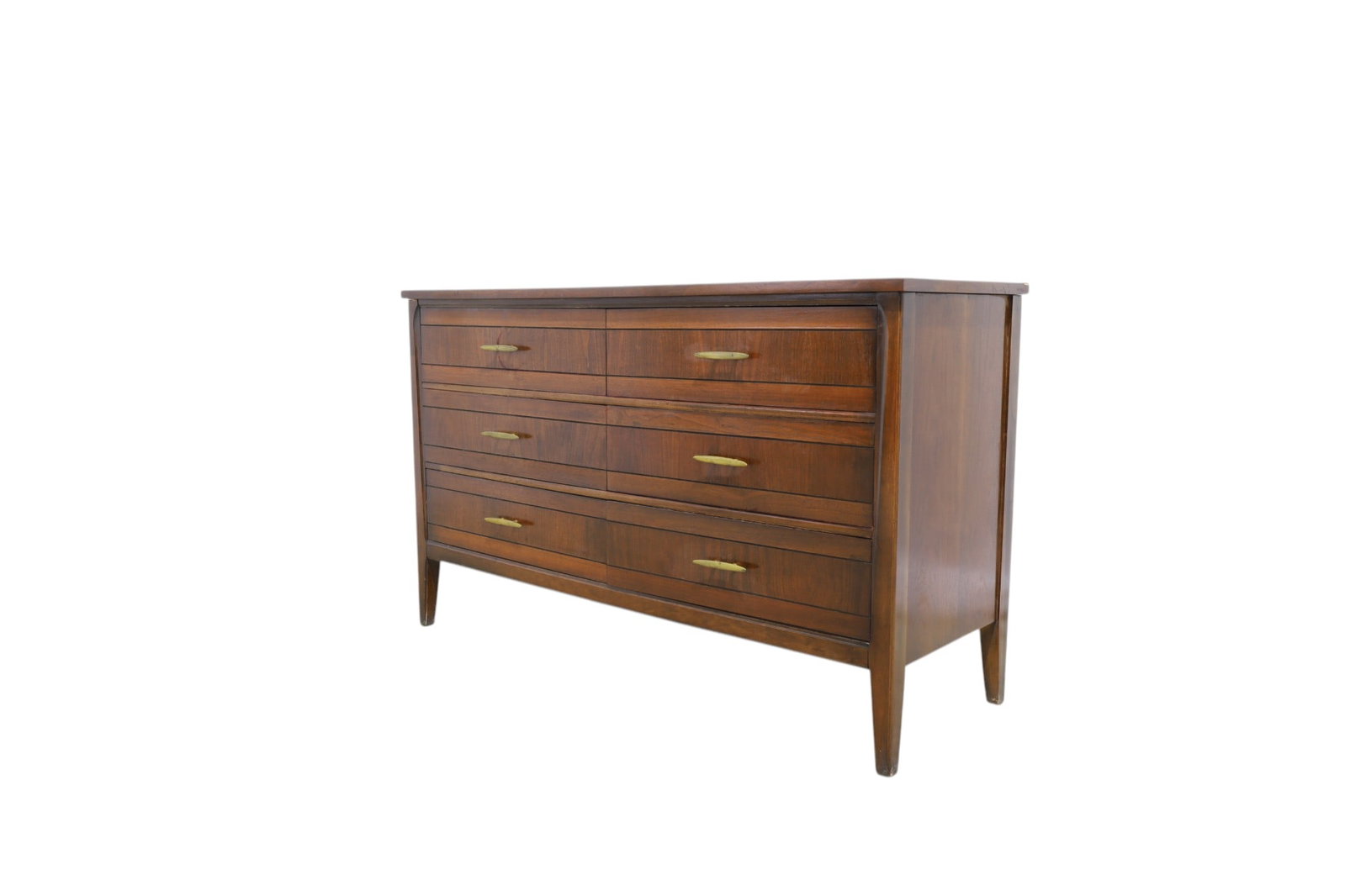 Mid Century Walnut Dresser: A 6 drawer mid century modern walnut dresser Dimensions:32x52x18