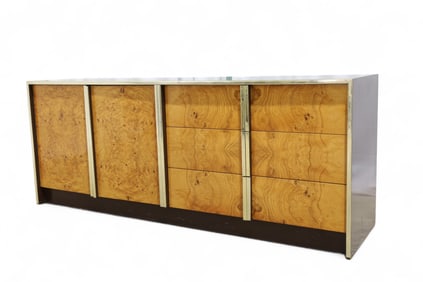 Milo Baughman Style Lacquer & Burl Credenza