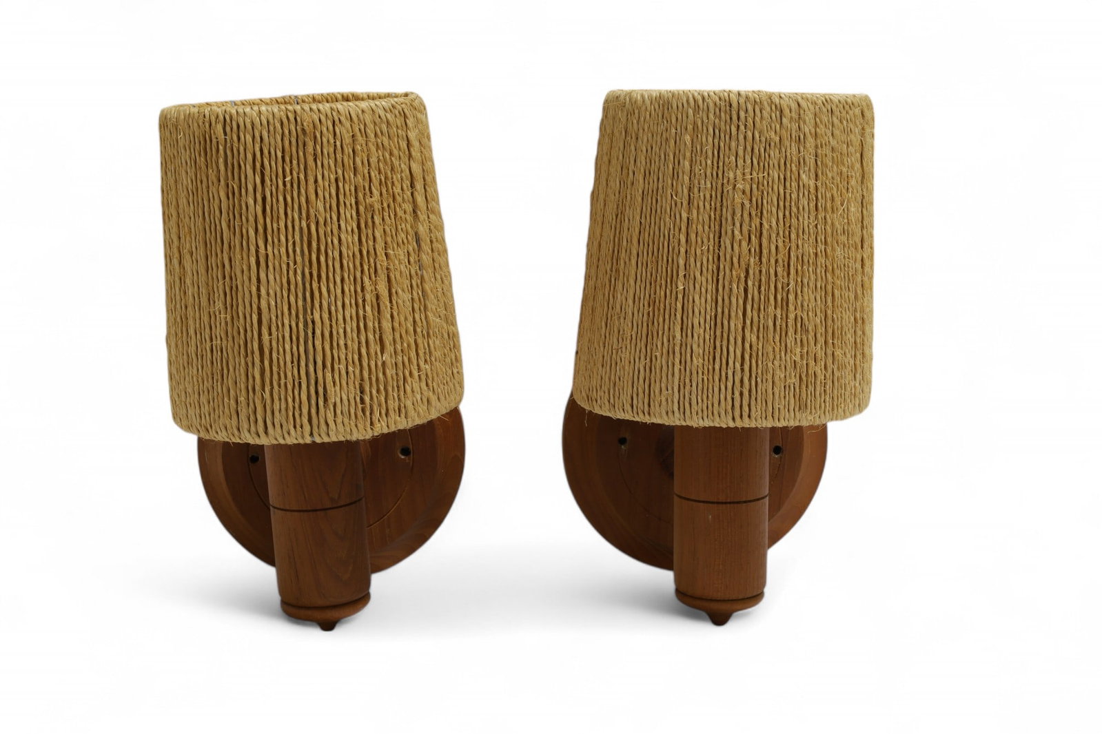 Teak Wall Sconces - Pair: A pair of teak wall sconces with jute cord shades Dimensions:11x7.5x6