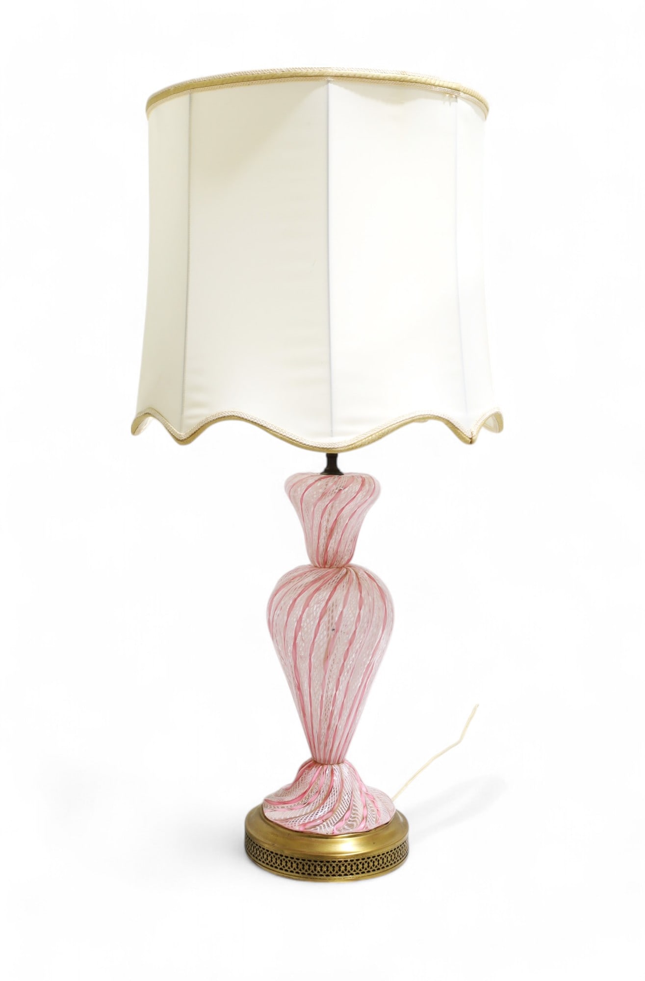 Murano Glass Lamp: A vintage pink and white Murano glass lamp Dimensions to top of socket:23x9