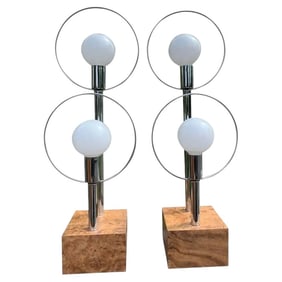 Mid Century Chrome & Burl Table Lamps - Pair