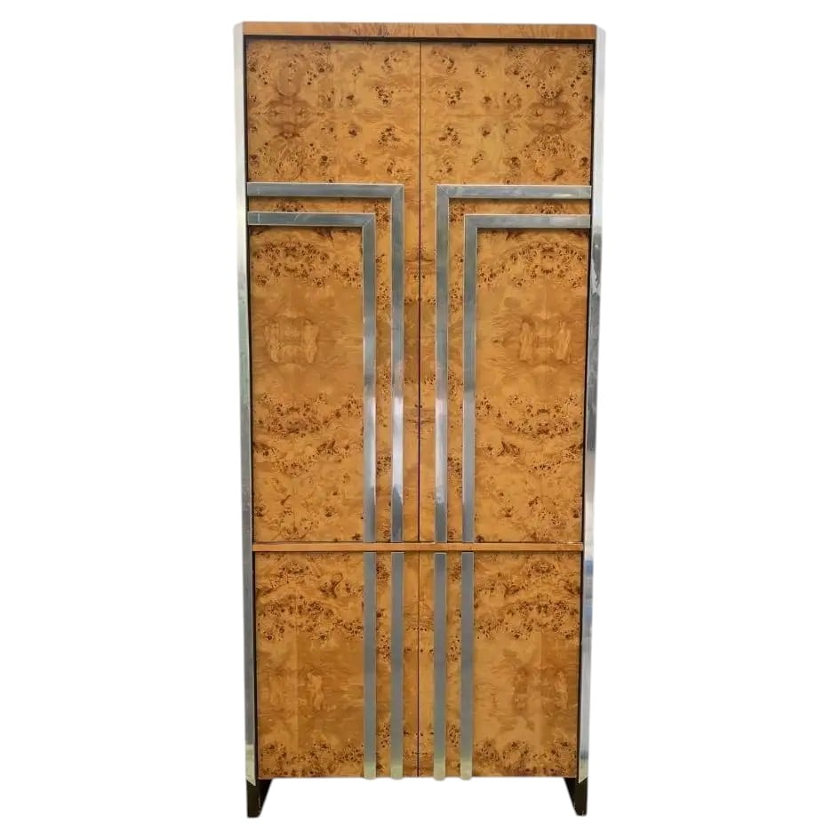 Leon Rosen Burl & Chrome Armoire: 1970s Leon Rosen for Pace Burl Wood and Chrome Modern Armoire Dimensions:80x36x19