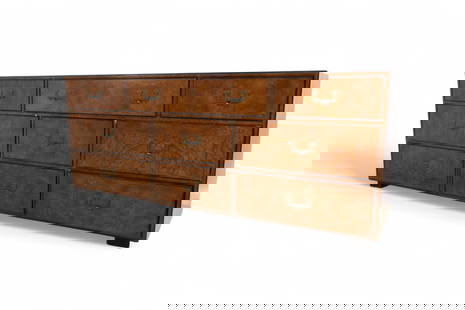 John Widdicomb Burl Campaign Style Long Dresser: A John Widdicomb 9 drawer burl campaign style long dresser Dimensions:31x76x19