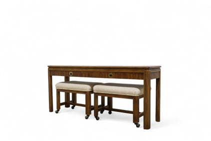 Campaign style console table with benches.