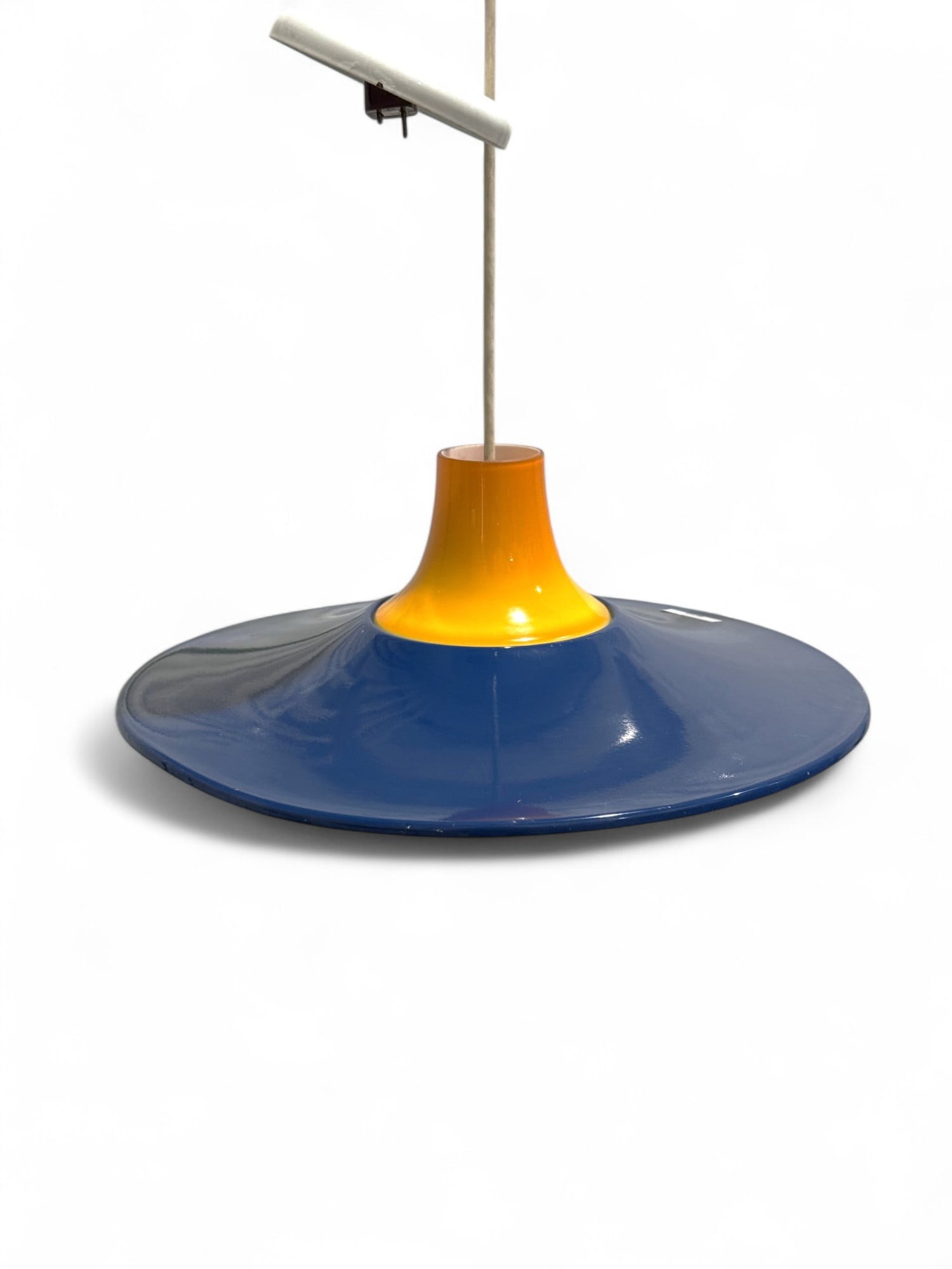 Glass & Metal Saucer Style Pendant Light: A oragne glass and blue metal saucer style pendant light Dimensions:10x17