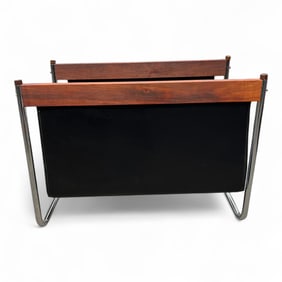 Mid Century Leather & Rosewood Magazine Rack