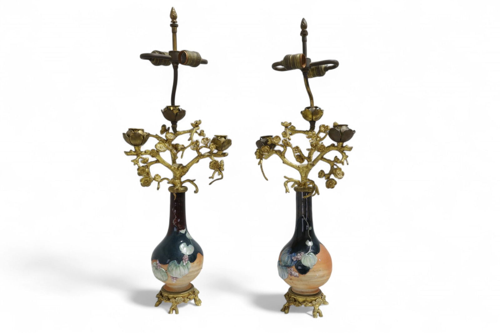 Japanese Pottery Candelabra Lamps - Pair: A pair of Japanese pottery and bronze candelabra lamps Dimensions:28x10