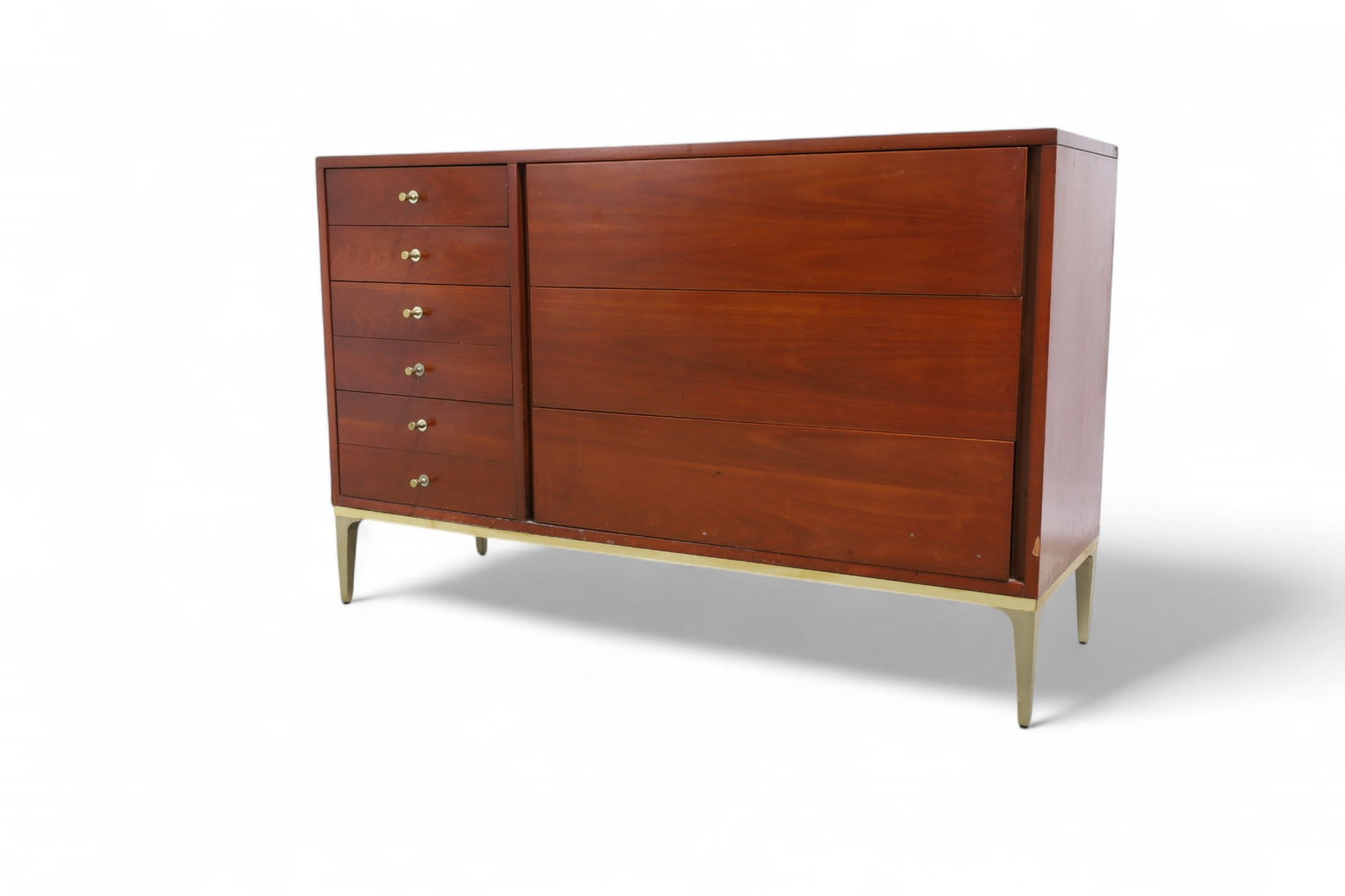 Mid Century Credenza: A mid century modern credenza with bullet pulls and brass legs Dimensions:34x53x18