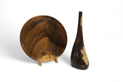 Polished Wood Platter & Signed Wood Vase