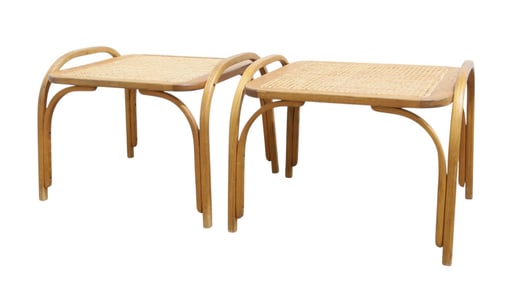 Sculpted Bentwood & Cane Ottoman - Pair
