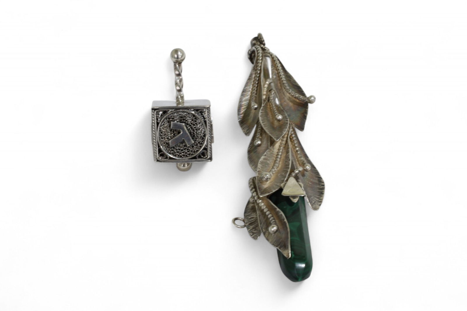 Silver & Malachite Mezuzah & Sterling Dreidel: A Silver & Malachite Mezuzah & Sterling Dreidel Mezuzah Dimensions:6"L