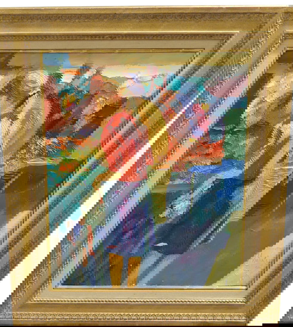 Nicola Simbari Oil on Canvas - "The Market": An Nicola Simbari (Italian 1927-2012) oil on canvas artist signed (LR) young woman at village market titled on back "The Market" Overall Dimensions:32x27.5