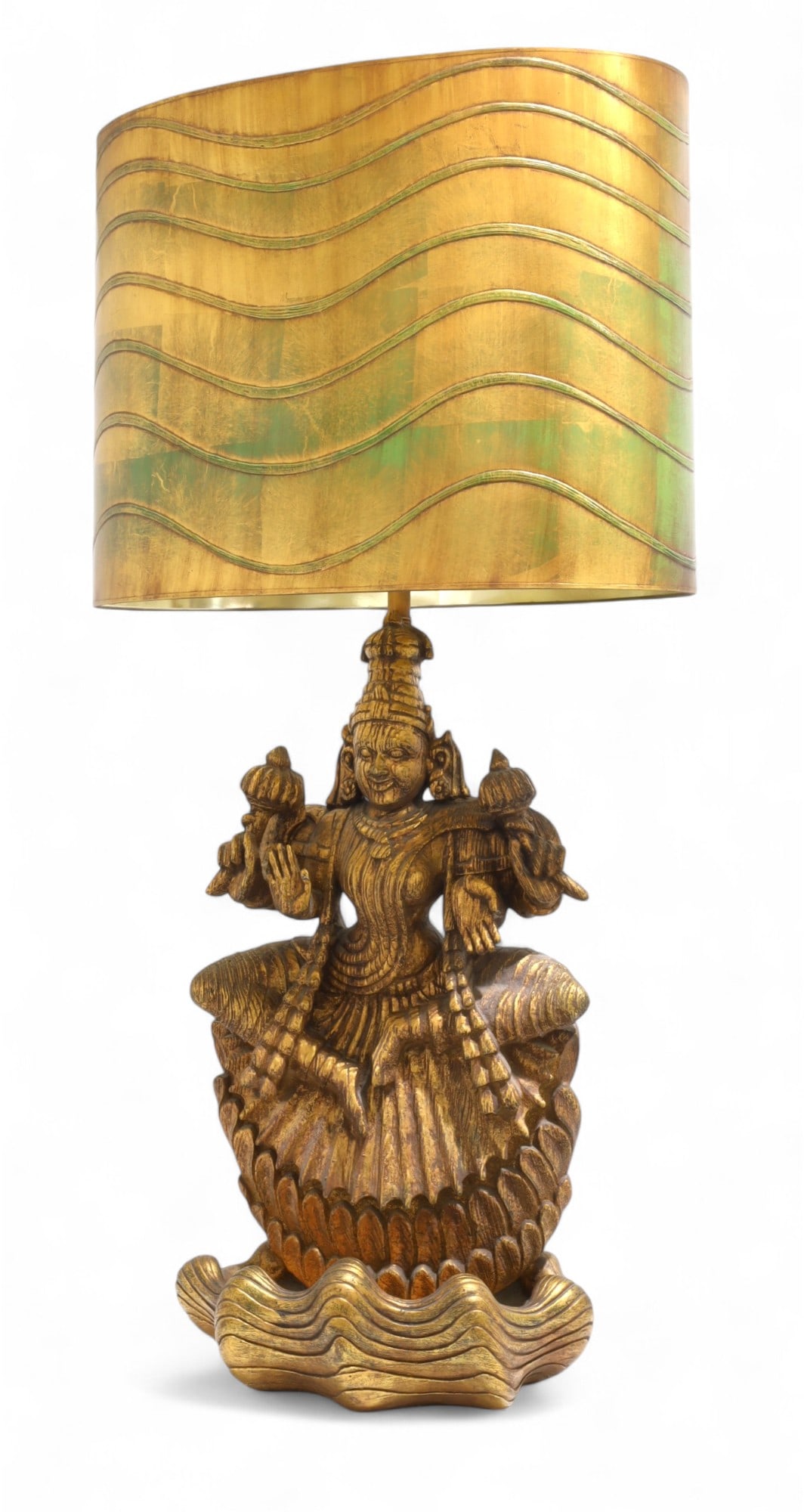 1960's Lakshmi Hindu Goddess Lamp: A large 1960's Lakshmi Hindu Goddess gilded lamp Dimensions:47x16x14