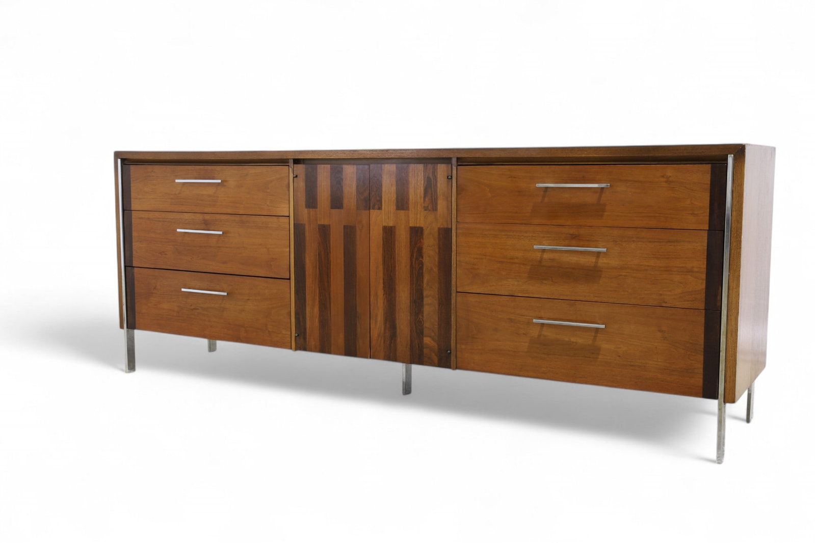 Lane Mixed Woods & Chrome Long Dresser: A Lane mixed woods 9 drawer long dresser with chrome trim Dimensions:30x80x18